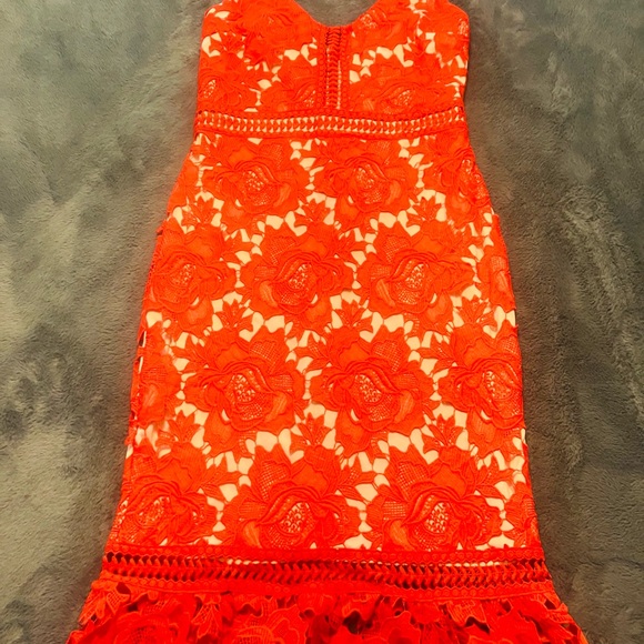 gianni bini red lace dress GIANNI BINI Plaid Red Black Lace Long Sleeve Swing Mini Dress Sz M